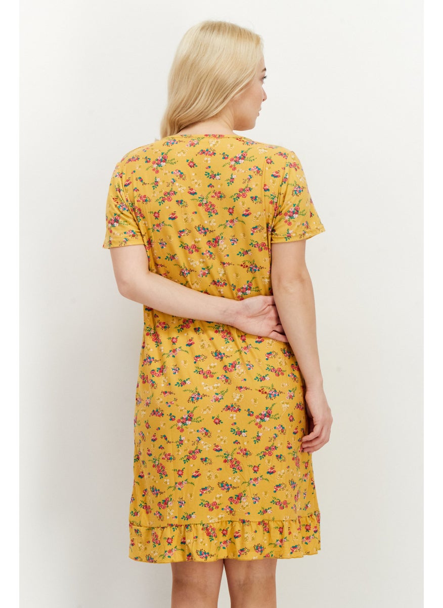Miss Lillian Women Floral Print Night Gown Sleepwear, Mustard  - Image 2