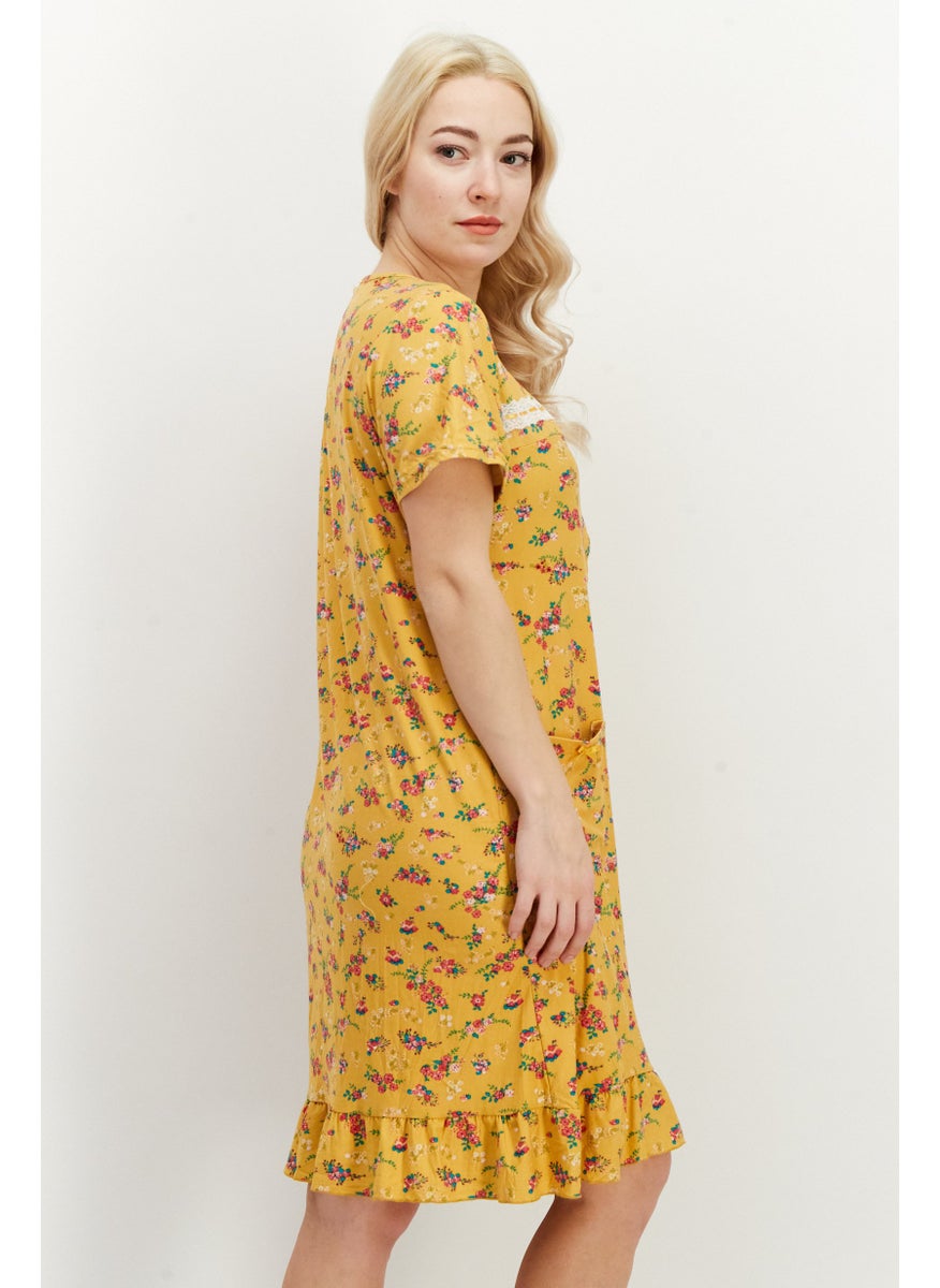Miss Lillian Women Floral Print Night Gown Sleepwear, Mustard  - Image 4