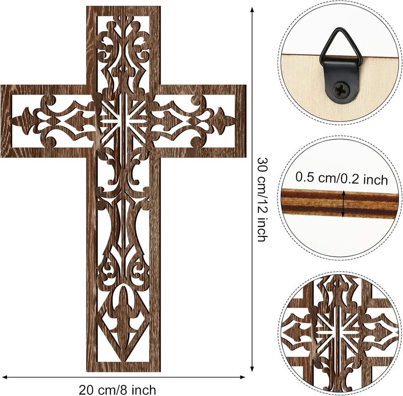 Yookeer 3 Pcs Wooden Cross Wall Decor Cross Hanging Handmade Antique Religious Brown Wooden Home Decorations Hand Carved Wall Decor for Church Home Office Baptism Christmas Gift for Christian - Image 3