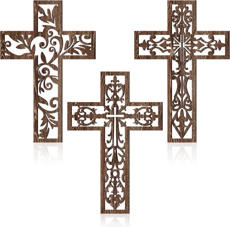 Yookeer 3 Pcs Wooden Cross Wall Decor Cross Hanging Handmade Antique Religious Brown Wooden Home Decorations Hand Carved Wall Decor for Church Home Office Baptism Christmas Gift for Christian - Image 1