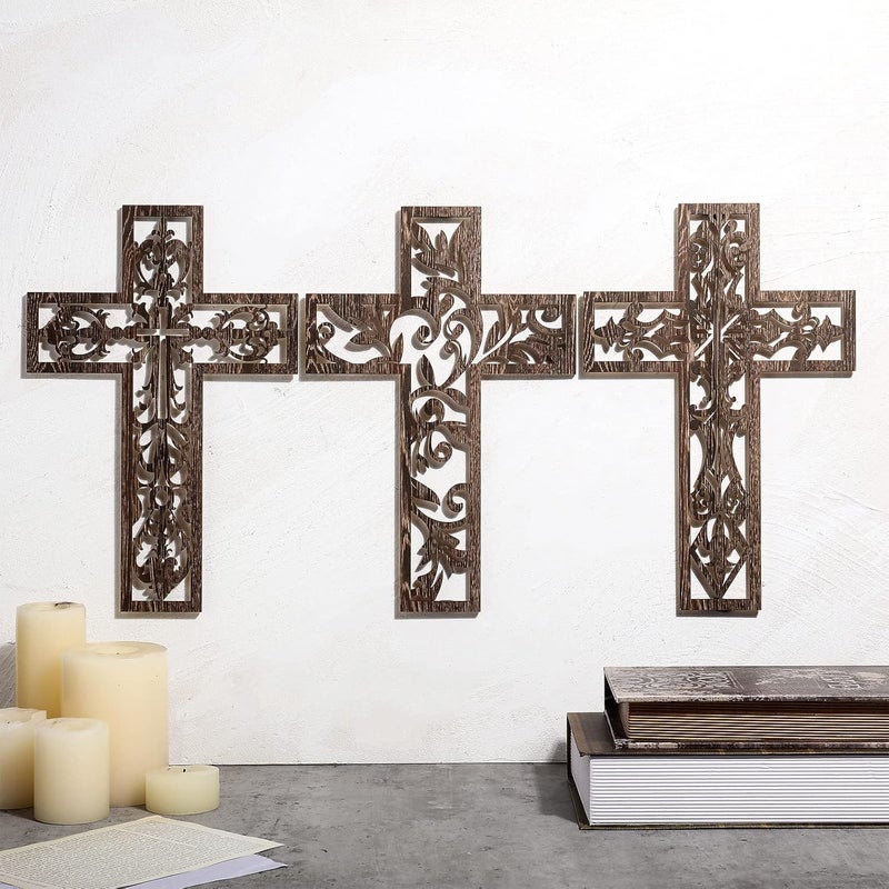 Yookeer 3 Pcs Wooden Cross Wall Decor Cross Hanging Handmade Antique Religious Brown Wooden Home Decorations Hand Carved Wall Decor for Church Home Office Baptism Christmas Gift for Christian - Image 2