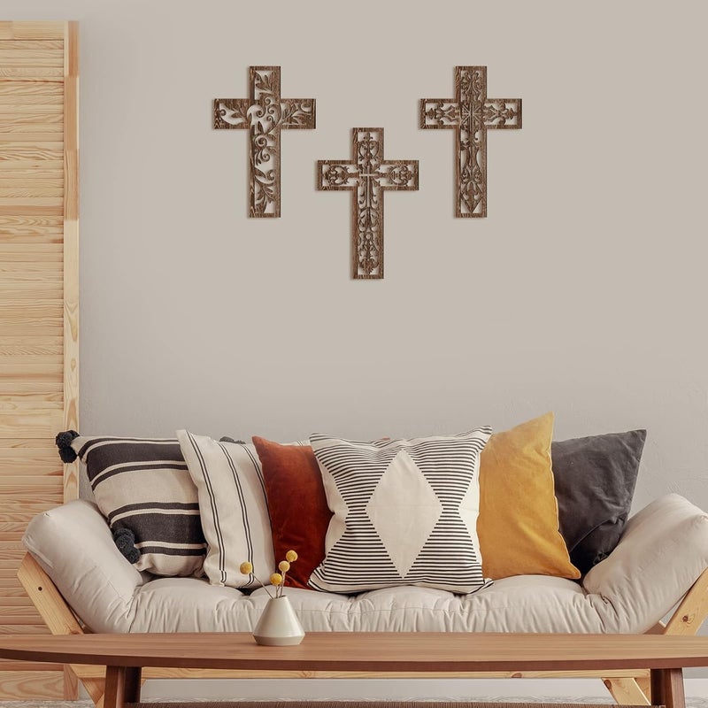 Yookeer 3 Pcs Wooden Cross Wall Decor Cross Hanging Handmade Antique Religious Brown Wooden Home Decorations Hand Carved Wall Decor for Church Home Office Baptism Christmas Gift for Christian - Image 5