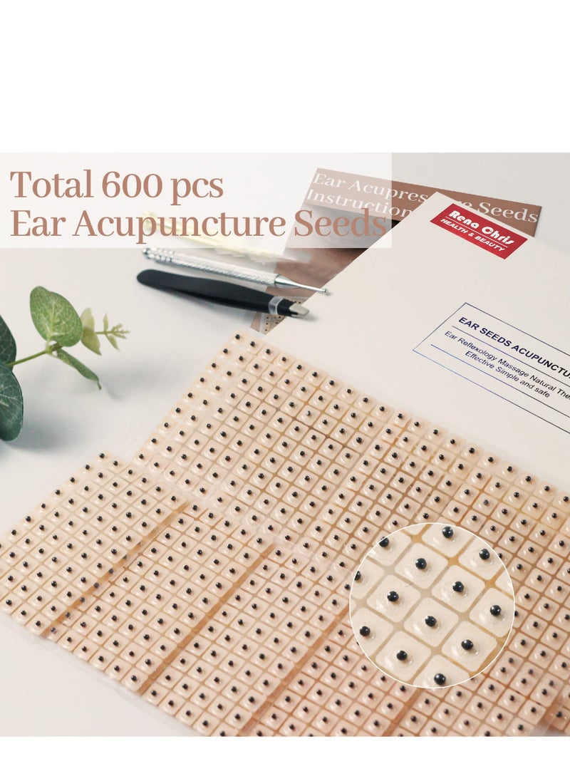 SYOSI - Multi-Condition Ear Seeds Acupuncture Kit, Facial Reflexology Tools, with Acupuncture Ear Press Seeds 600Pcs, Acupuncture Pen, Tweezers - Image 1