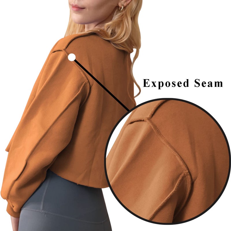 Amazhiyu Women Cropped Sweatshirt Long Sleeves Pullover Fleece Crop Tops Brown, Medium - Image 3