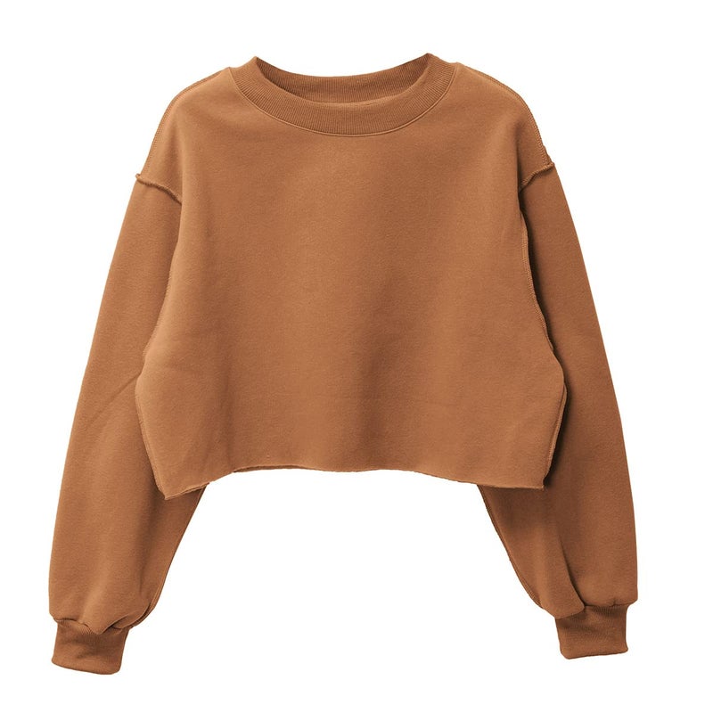 Amazhiyu Women Cropped Sweatshirt Long Sleeves Pullover Fleece Crop Tops Brown, Medium - Image 1