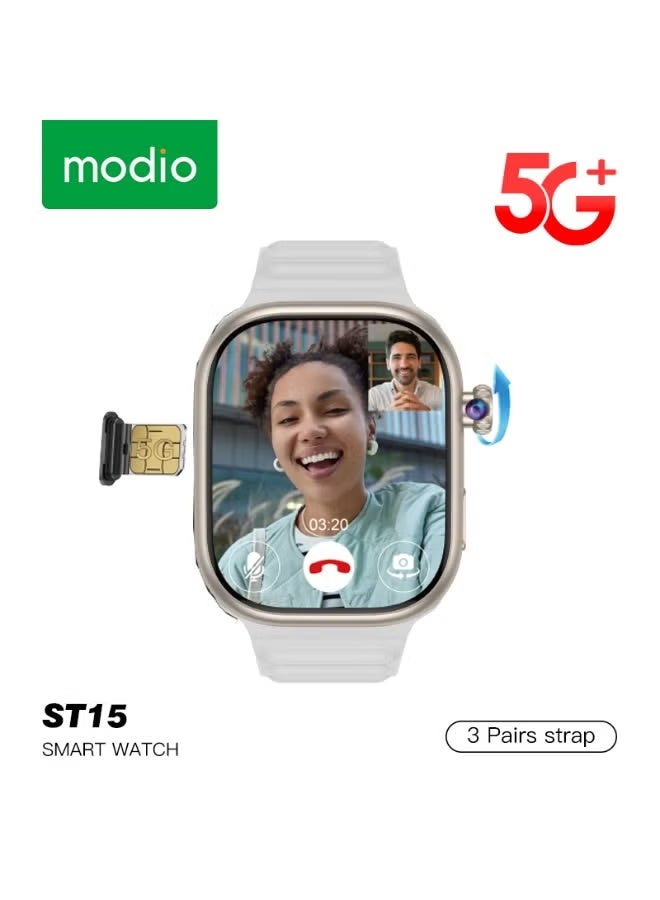 modio ST15 5G Android Smartwatch with 2.2-Inch Full Touch Display, SIM Card Support, Built-In Camera, Health Tracking, Fitness Modes & 3 Stylish Straps for Ladies and Gents – Gold - Image 2