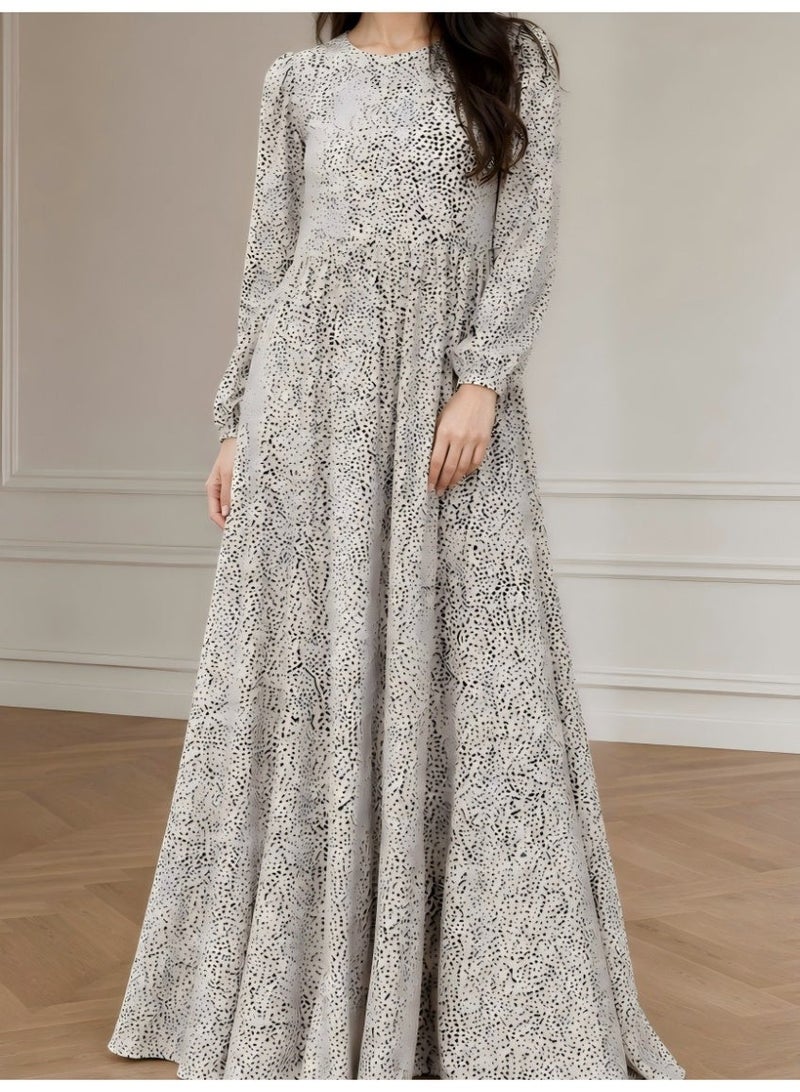 Women Polka Dot Print Modest Maxi Dress, Round Neck Long Sleeve Loose Casual Long Dress - Image 1