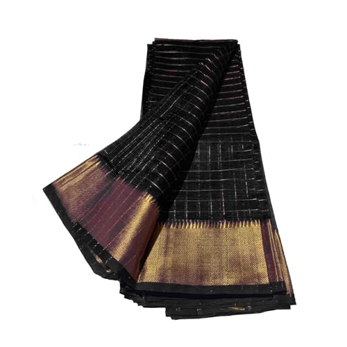 SheenKraft Women's Cotton Silk Check Bhagalpuri Handloom Saree With Designed Silver Zari Border and Blouse Piece_Free Size_Color Variation 11575-11592 (Gold-Black) - Image 2