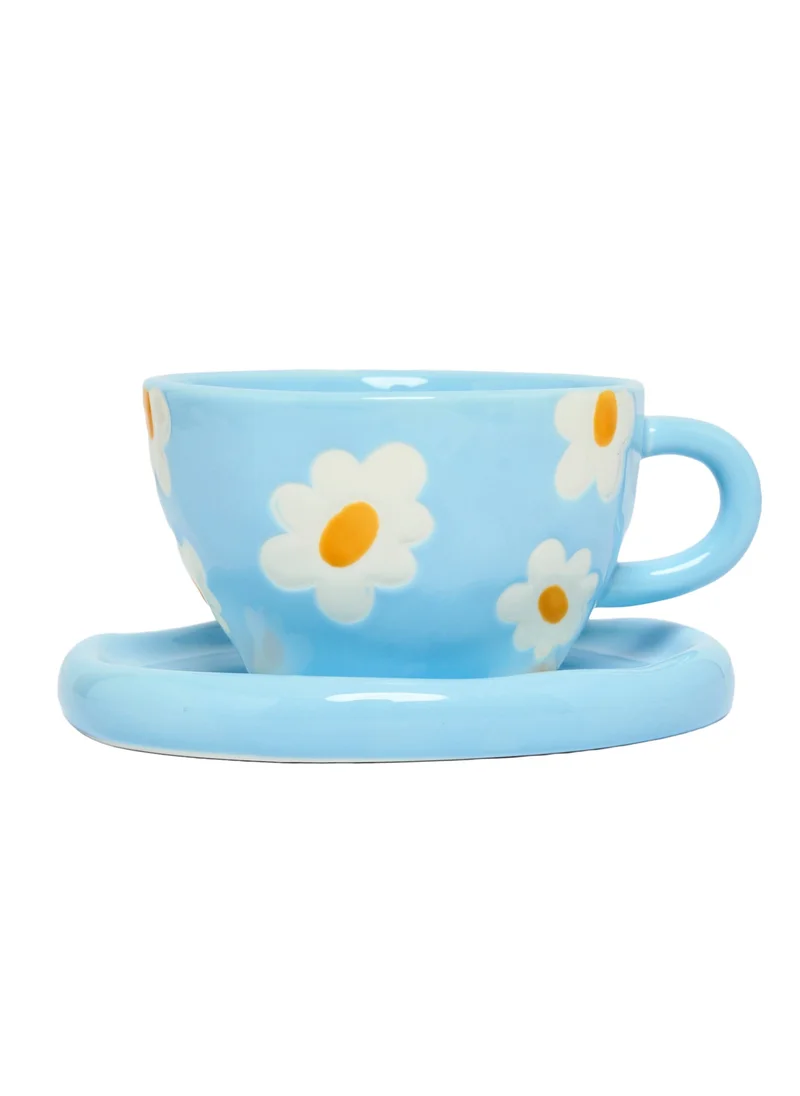 Prickly Pear Prickly Pear Ditsy Teacup & Saucer, Daisy Blue - Charming Drinkware