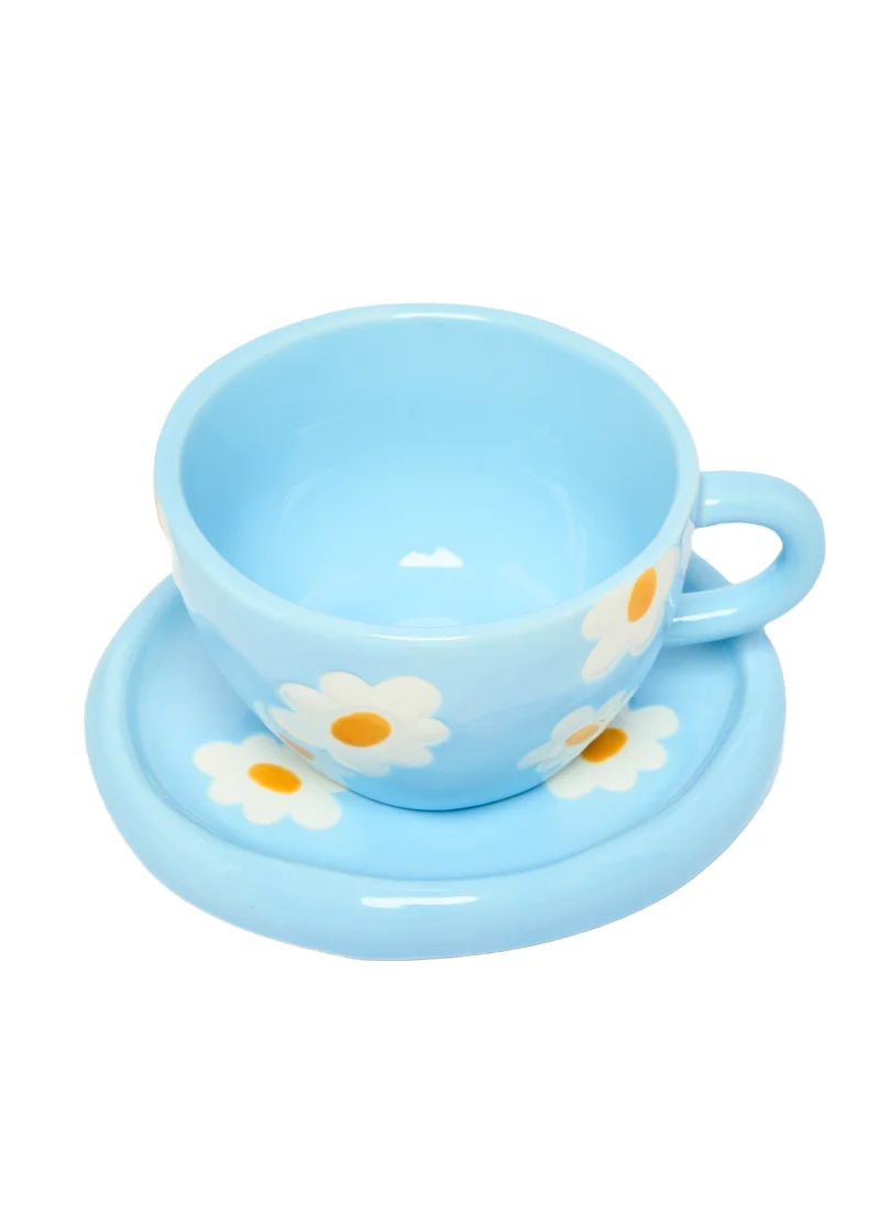 Prickly Pear Prickly Pear Ditsy Teacup & Saucer, Daisy Blue - Charming Drinkware