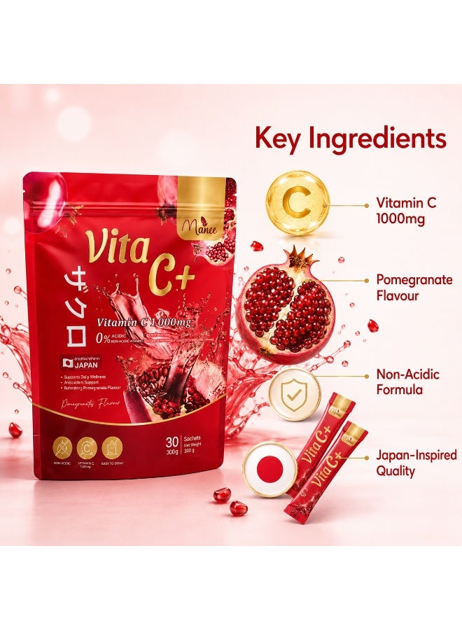 Manee Vita C+ 1000mg Vitamin C Supplement Drink With Pomegranate Flavour, Beauty Glow Support Powder Sachets - Image 3