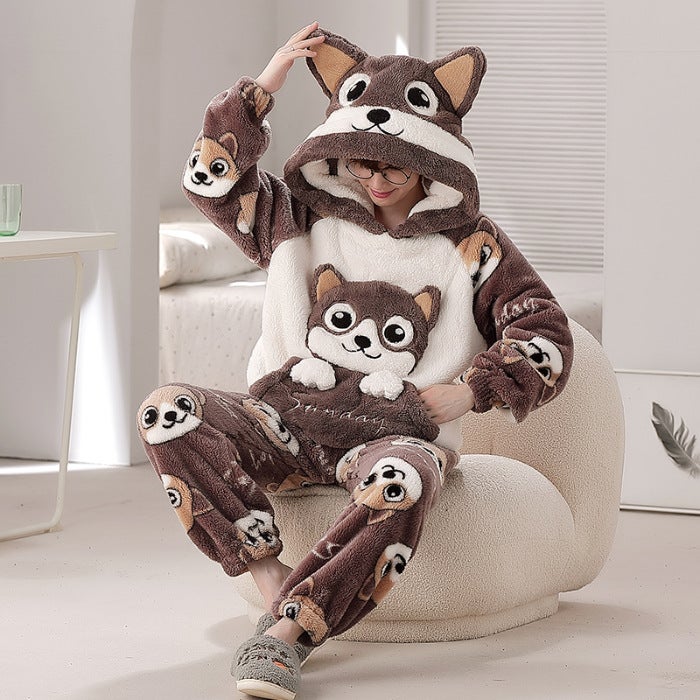 Coral Fleece Pajamas Men's Winter Hooded Fleece Plus Cartoon Cute Dinosaur Plus Size Teenager Home Suit - Image 1