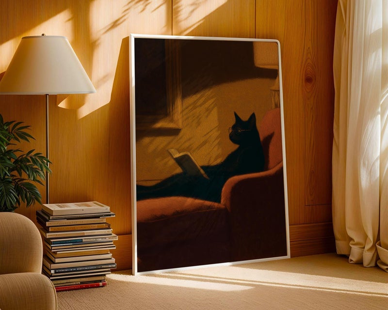 TNESSENTIAL Cat Reading Book Wall Art – Black Cat Print for Book Lovers, Cat Reading Poster, Black Cat Art, Funny Cat Reading Gift, Book Lover Decor - Image 1