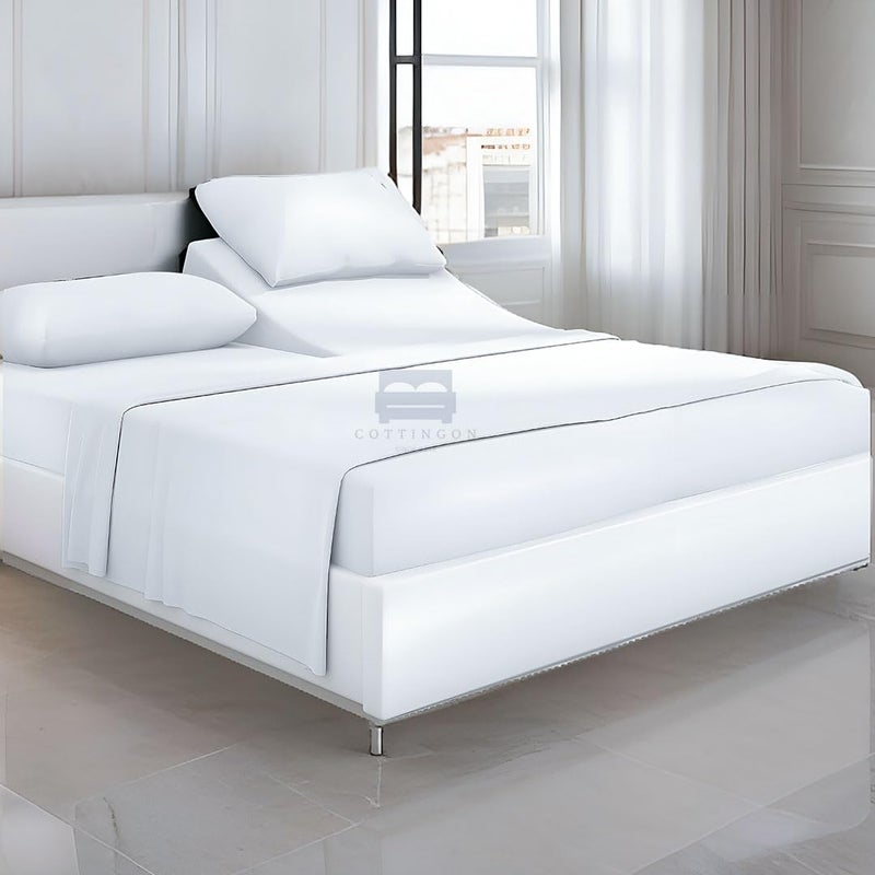 Cottingon Top Split King Sheets Set for Adjustable Bed - 4 Piece Sleep Number Bed Sheets - 100% Egyptian Cotton - 16 Inch Deep - 34 Split King - White Solid - Image 1