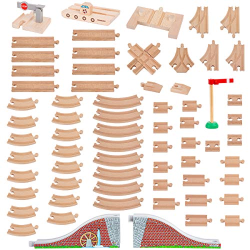 Orbrium Wooden Train Tracks 68 Pcs Expansion Pack with Arched Bridge, Engine Barge, Dock, Stop & Go Checkpoint, Signal Pole, Cross Track – Compatible with Thomas, Brio Wooden Railways by ORBRIUM - Image 1