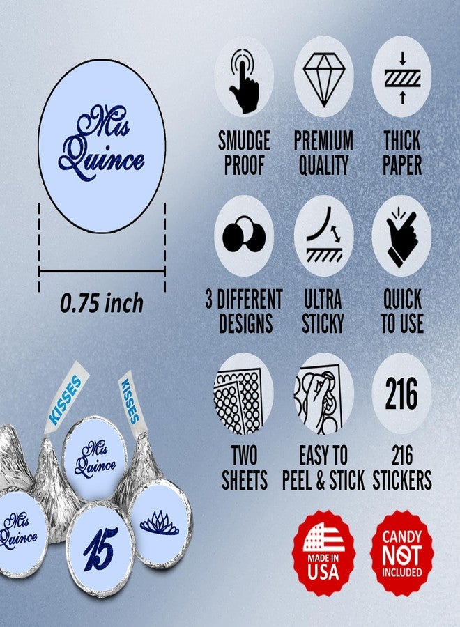 RokAPary Mis Quince Birthday Blue Kisses Stickers, (Set of 216), Quinceanera Chocolate Drops Labels, 15 Party Decoration Favors Decor for Kisses. Made in USA. - Image 2