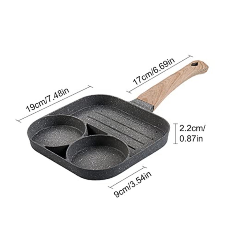 Blue Feather Products, Inc. مقلاة بيض صغيرة، مقلاة فطائر صغيرة مقسمة ثلاثة في واحد، مقلاة فطائر الإفطار غير لاصقة، لصنع البيض ولحم الخنزير المقدد والبرغر - Image 2