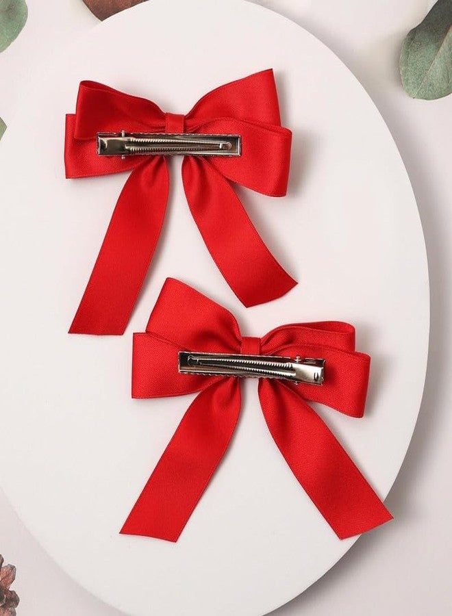 BELICIA 2 pcs Luxury Red Ribbon Bow Hair Clips for Girls,Short Tail Ribbons for Hair,Hair Bow Hair Clamp Clips 4.7 Inch,Birthday Gifts for Women Girls |red color - Image 2