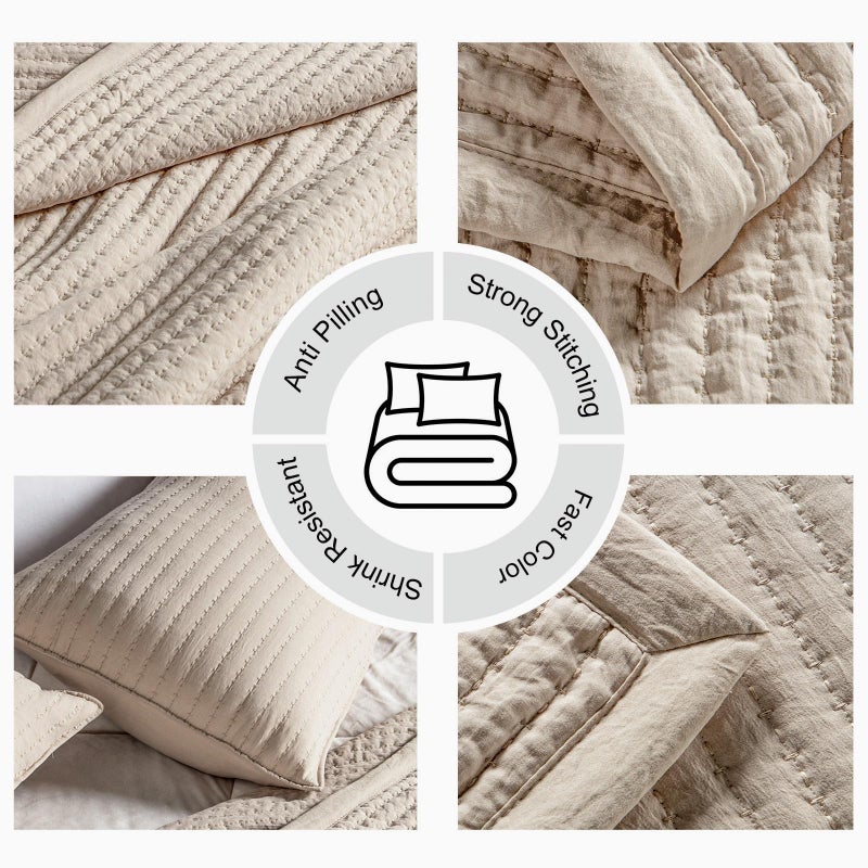 DAWNDIOR Oversized Queen Quilt Setâ€“102"x106" Soft Washed 3-Layer Lightweight Bedspread with Multi-Lock Quilting,Minimalist Nordic Bedding,All-Season Quilt Set for Spring & Summer,(1 Quilt + 2 Shams), Oatmeal - Image 5