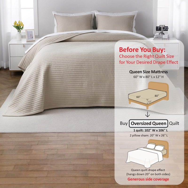 DAWNDIOR Oversized Queen Quilt Setâ€“102"x106" Soft Washed 3-Layer Lightweight Bedspread with Multi-Lock Quilting,Minimalist Nordic Bedding,All-Season Quilt Set for Spring & Summer,(1 Quilt + 2 Shams), Oatmeal - Image 3