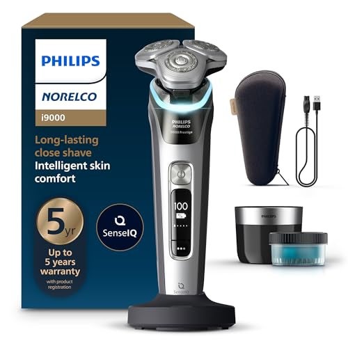Norelco Philips Norelco Shaver i9000 Prestige, Wet & Dry Electric Shaver, Dark Slate Nova, SenseIQ Technology, Triple Lift & Cut System, 360 Rotating Dual SteelPrecision Blades, Charging Stand, XP9204/85 - Image 1