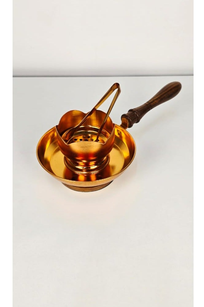 Damanhoor Premium Gold Plated Incense Bakhoor Burner with Wooden Handle & Safety Tong  High Quality Steel
