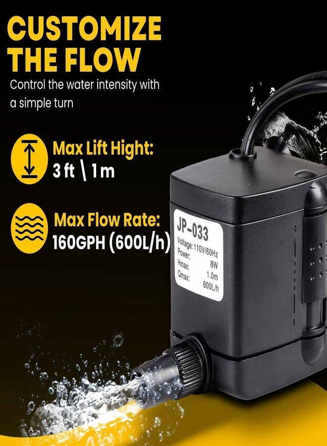 Flexzion Mini Submersible Water Pump for Fountain, Aquarium, Outdoor Pond - 160GPH 8Watt Small Hydroponic Water Pump, Low-Noise, Adjustable Flow Fish Tank Pump, Fresh & Saltwater Outdoor Water Pump - Image 4