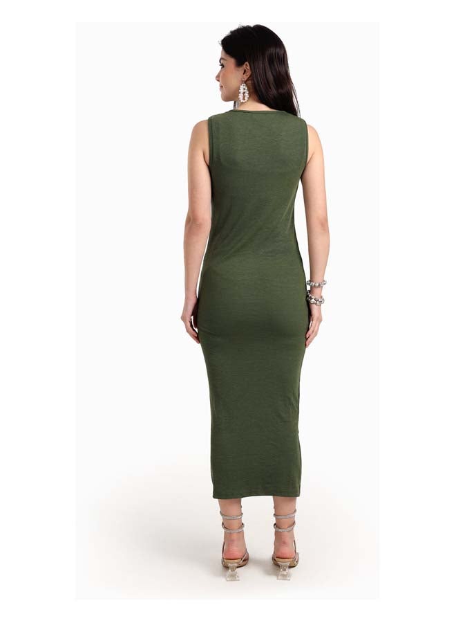 Carina Women's Slim-Fit Sleeveless Midi Dress with Side Slit - Olive Green - Image 3