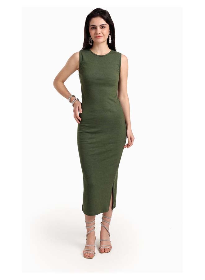 Carina Women's Slim-Fit Sleeveless Midi Dress with Side Slit - Olive Green - Image 1