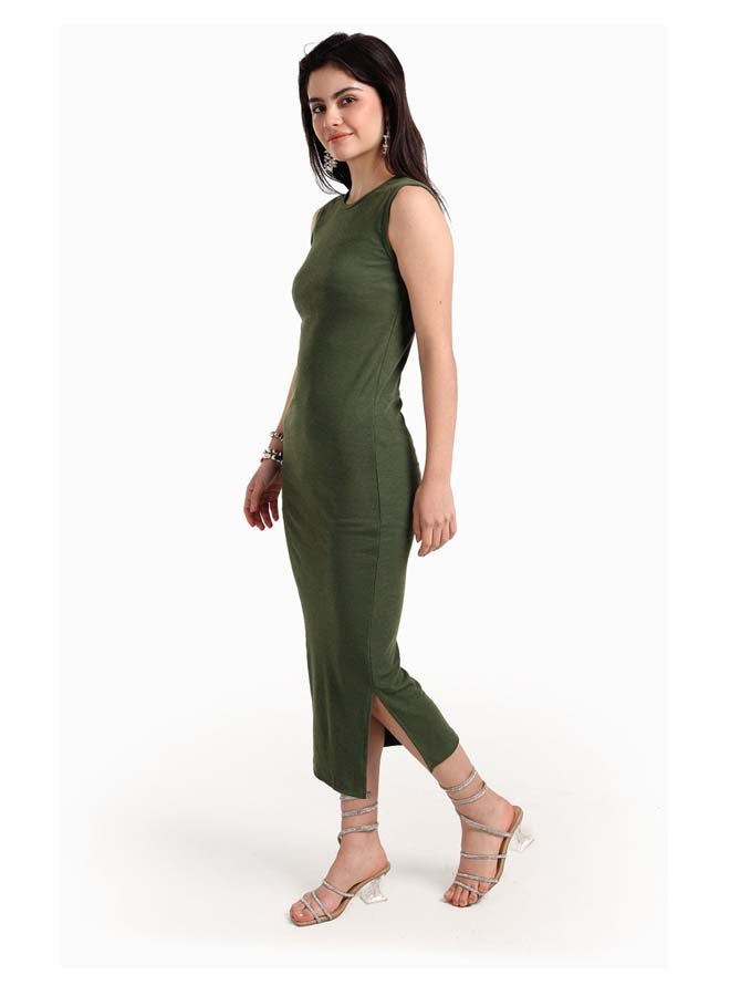Carina Women's Slim-Fit Sleeveless Midi Dress with Side Slit - Olive Green - Image 2
