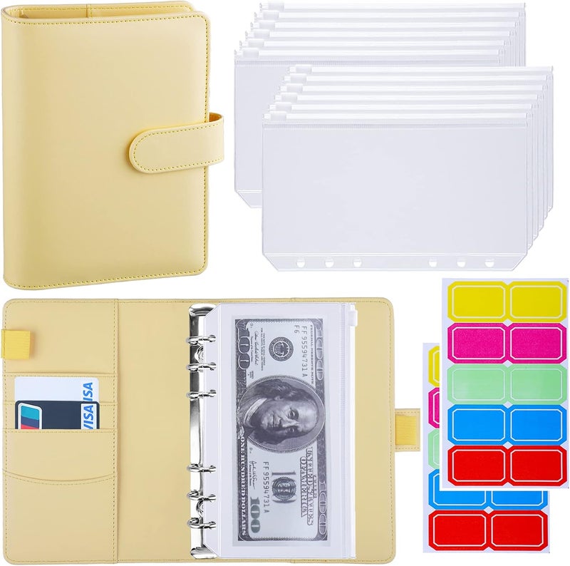 Antner A6 Budget Binder with Zipper Cash Envelopes for Money Organizer & Budgeting, PU Leather Budget Planner Money Saving Binder with Cash Stuffing Envelopes & Labels for Home Office Travel, Yellow - Image 1