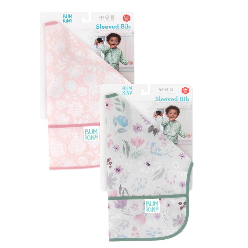 Bumkins - Sleeved Bib - For Boys & Girls, Babies & Toddlers 6-24 Months - Lightweight, Durable, Waterproof - Long Sleeve Bib - Catch-All Pocket - Wipeable & Machine Washable - Floral & Lace - 2 Pack - Image 5