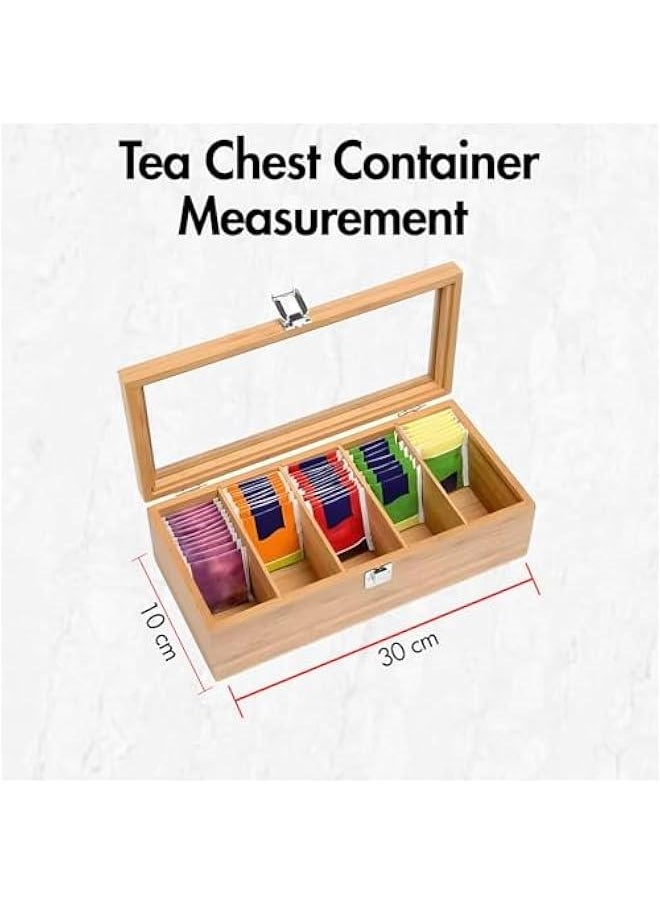 Captaintech Tea Bag Organizer | Tea Storage Chest Case Wooden Tea Bag - Storage Box with Transparent Hinged Lid for Any Home Restaurant Office - Wooden Color - 5 Compartments  - Image 2