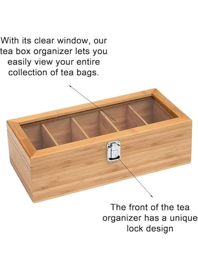 Captaintech Tea Bag Organizer | Tea Storage Chest Case Wooden Tea Bag - Storage Box with Transparent Hinged Lid for Any Home Restaurant Office - Wooden Color - 5 Compartments  - Image 3