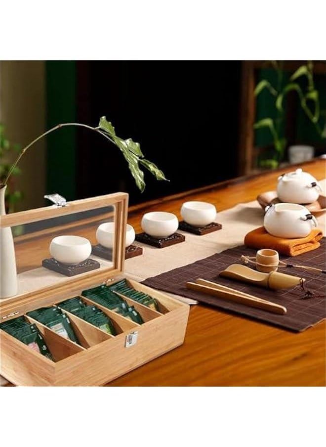 Captaintech Tea Bag Organizer | Tea Storage Chest Case Wooden Tea Bag - Storage Box with Transparent Hinged Lid for Any Home Restaurant Office - Wooden Color - 5 Compartments  - Image 4
