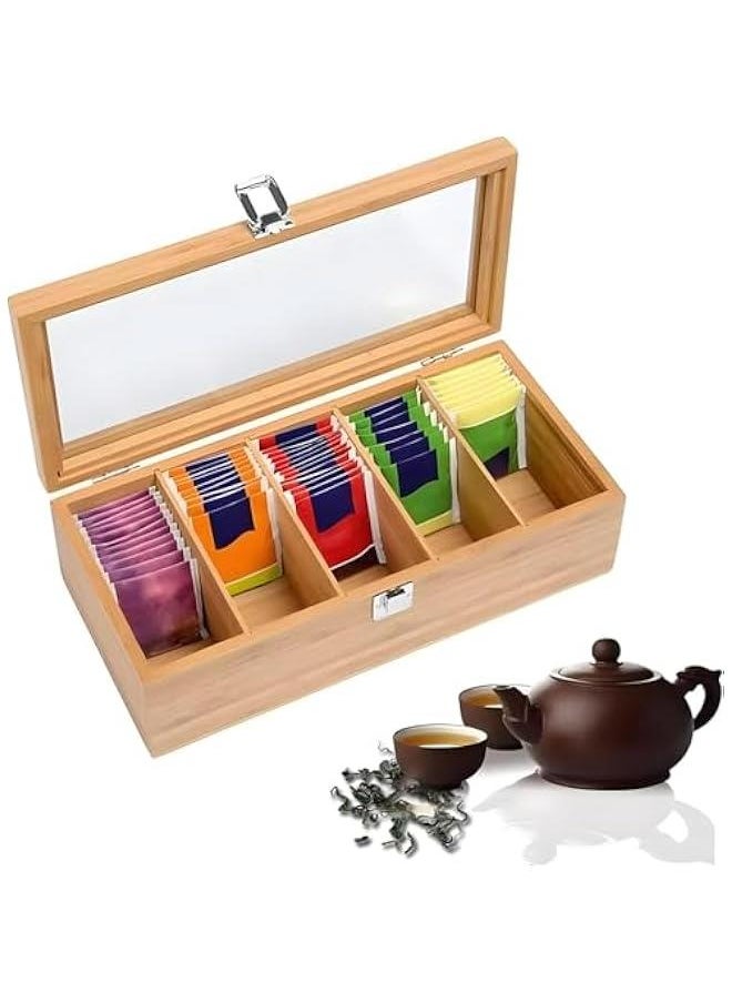 Captaintech Tea Bag Organizer | Tea Storage Chest Case Wooden Tea Bag - Storage Box with Transparent Hinged Lid for Any Home Restaurant Office - Wooden Color - 5 Compartments  - Image 1