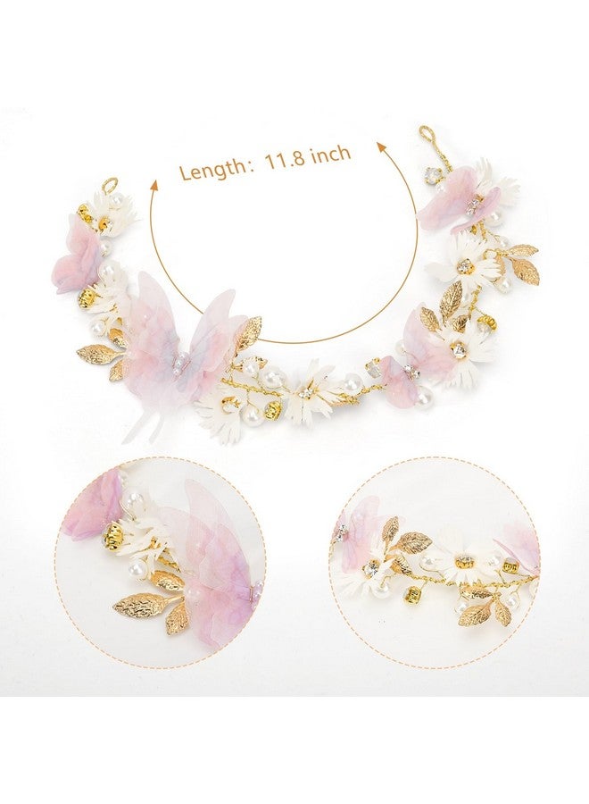 Vividsun Butterfly Headbands Flower Girl Hair Accessory with Pearls Butterfly Tiara for Christmas Birthday Cosplay Headpiece (Pink and gold) - Image 1