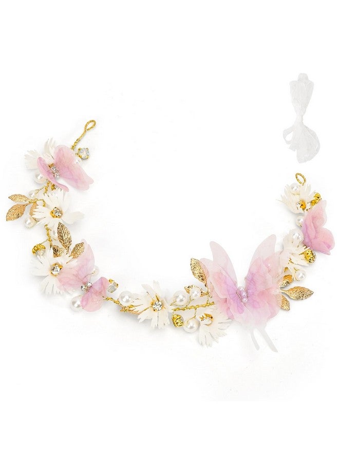 Vividsun Butterfly Headbands Flower Girl Hair Accessory with Pearls Butterfly Tiara for Christmas Birthday Cosplay Headpiece (Pink and gold) - Image 2