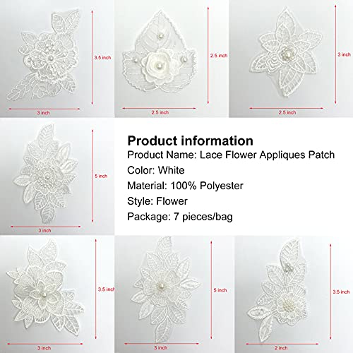 Luwigs 7 Pieces 3D Flower Lace Embroidery Appliques Pearl Patch DIY Wedding Dress Sewing Craft Clothing Jeans Jackets Bags (7pcs, White) - Image 3