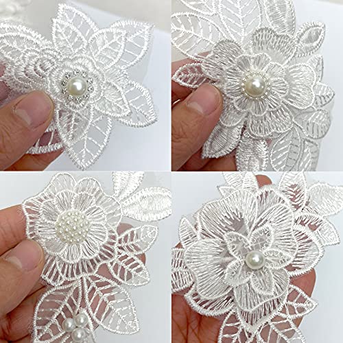 Luwigs 7 Pieces 3D Flower Lace Embroidery Appliques Pearl Patch DIY Wedding Dress Sewing Craft Clothing Jeans Jackets Bags (7pcs, White) - Image 4