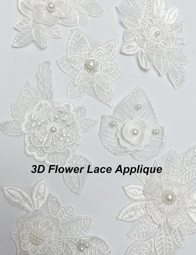 Luwigs 7 Pieces 3D Flower Lace Embroidery Appliques Pearl Patch DIY Wedding Dress Sewing Craft Clothing Jeans Jackets Bags (7pcs, White) - Image 2