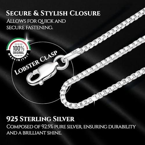 Designer Sterling Silver DSS 925 Sterling Silver Necklace for Women, Box Chain 1.5mm, Lobster Claw Clasps, Sterling Silver Chain, Italian Jewelry for Women, 22in - Image 3