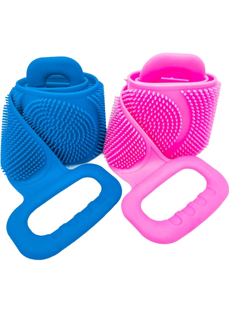 2Pcs Long Silicone Back Scrubber For Shower, Back Cleaner, Silicone Shower Scrubber, Body Bath Brush, Exfoliating Loofah Brushes For Men and Women, Silicone Bath Scrubber, Double Sided (Blue+Pink) - Image 1
