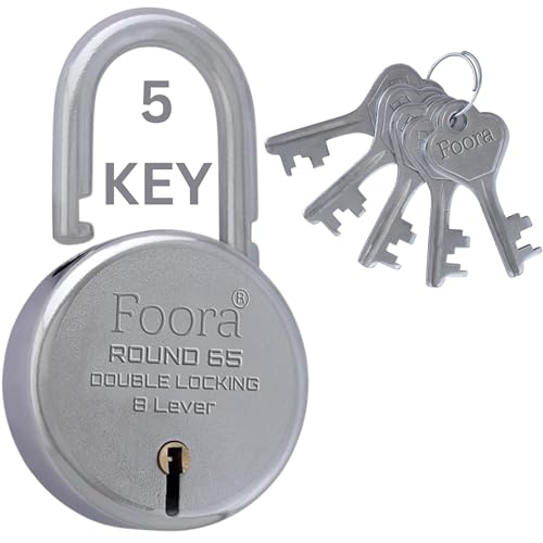 Foora Locks for Home Round 65mm Padlock for Door, Gate & Shutter | Lock and Keys with 5 Keys | Double Locking 8 Lever | Silver Finish | Foora - Image 1