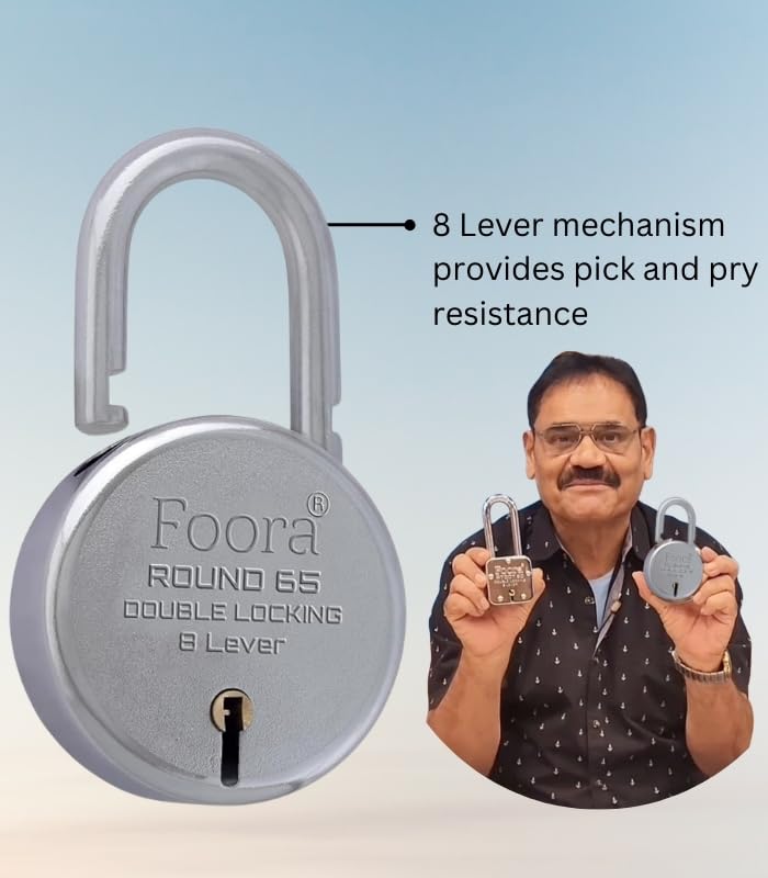 Foora Locks for Home Round 65mm Padlock for Door, Gate & Shutter | Lock and Keys with 5 Keys | Double Locking 8 Lever | Silver Finish | Foora - Image 4