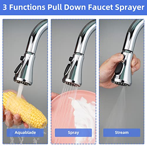 iFealClear Universal Pull Down Kitchen Faucet Head, 3 Function Spray Head for Kitchen Sink, Chrome Faucet Replacement With 15 Adapters" - Image 2