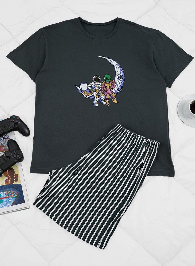 trendyol Anthracite Regular Cotton Short Sleeve Top Astranot Printed Bottom Striped Pajama Set Tmnss26Pt00013 - Image 1