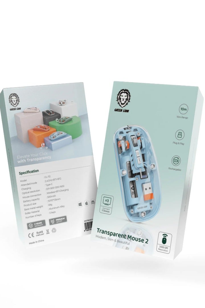 GREEN LION Transparent 1600DPI Mouse 2 / Plug & Play for Windows / Android / Mac / 10M Connection Range / 5 keys / Aluminum Alloy Roller / 500mAh Battery Capacity / Wireless + BT + Charging Mouse Connection - Blue - Image 2