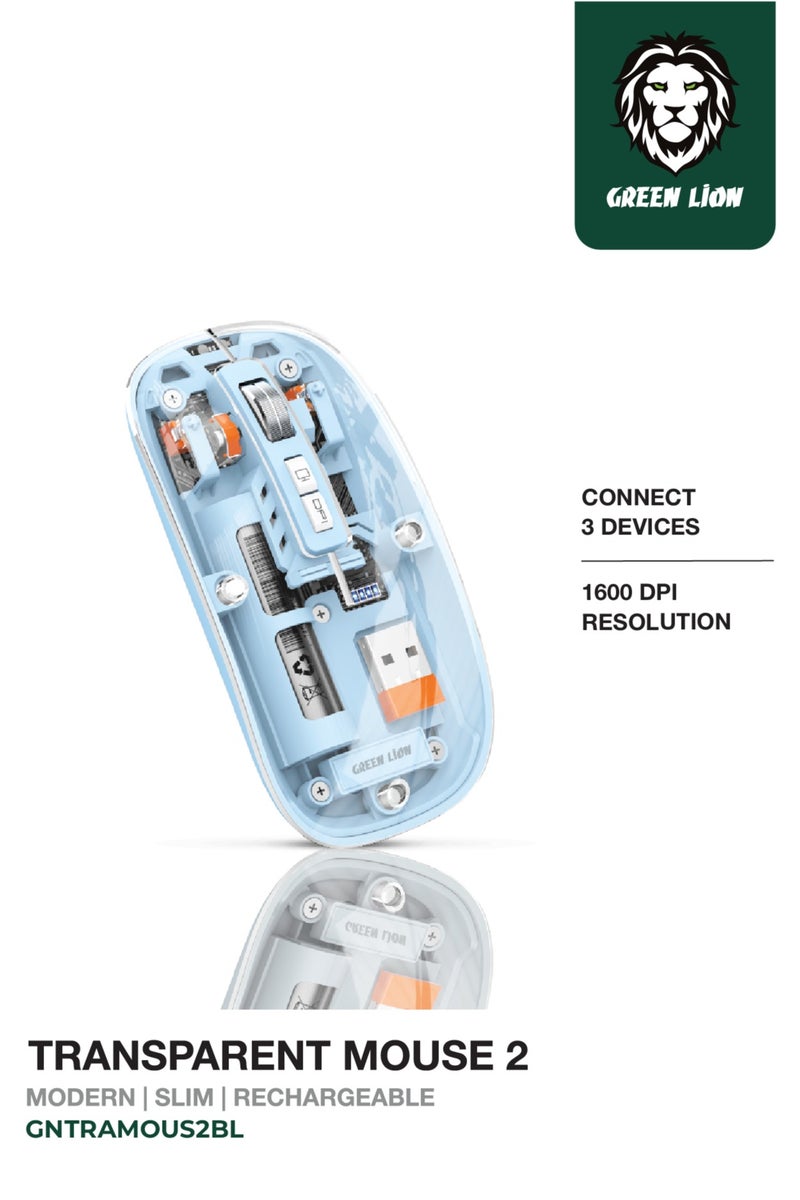 GREEN LION Transparent 1600DPI Mouse 2 / Plug & Play for Windows / Android / Mac / 10M Connection Range / 5 keys / Aluminum Alloy Roller / 500mAh Battery Capacity / Wireless + BT + Charging Mouse Connection - Blue - Image 1