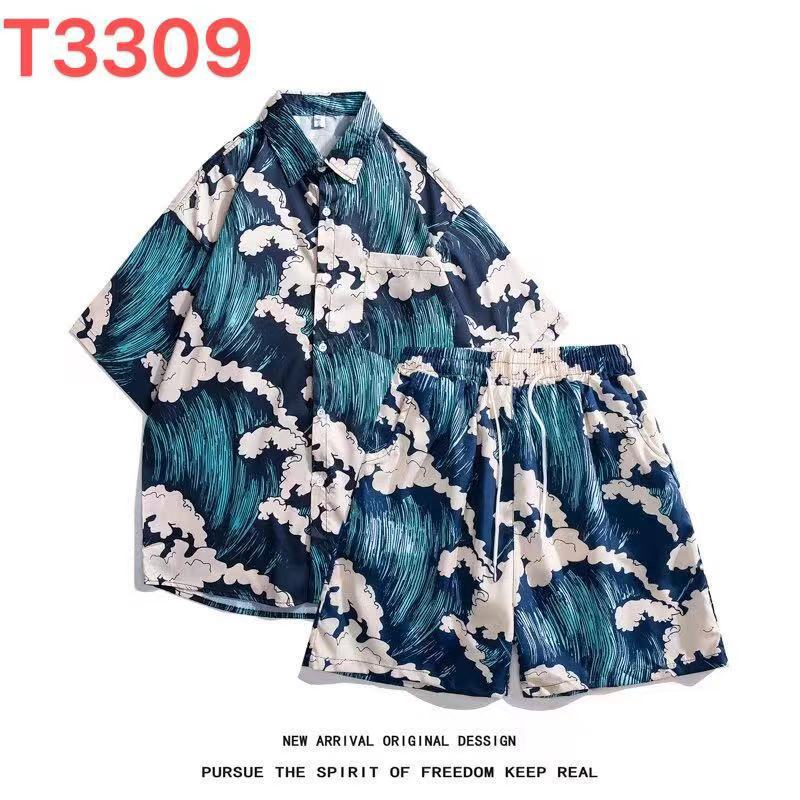 Hawaiian Flower Shirt Beach suit Mens Summer Thin Sanya Travel Couples Seaside Vacation Travel Wear T3309 set 